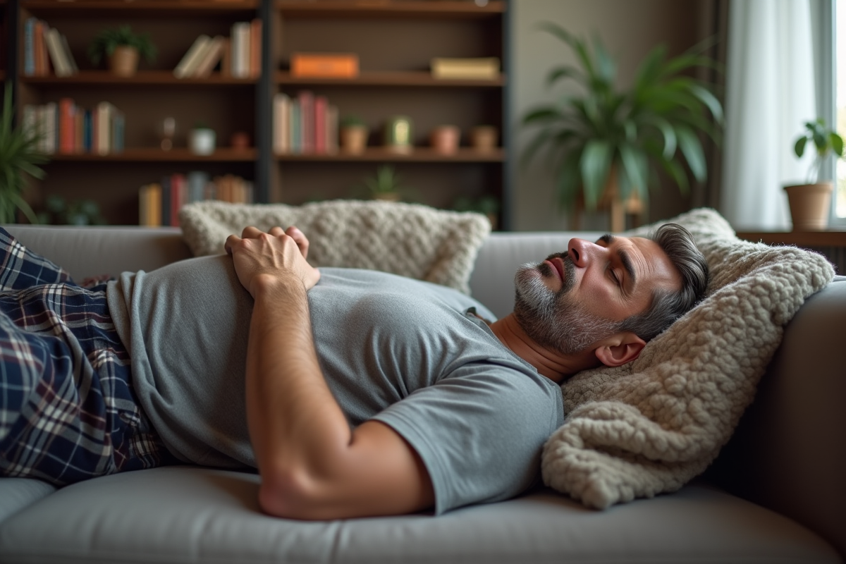 Homme détendu allongé dans un salon cosy