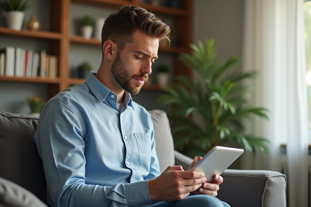 Jeune homme remplissant un questionnaire de santé sur une tablette à la maison