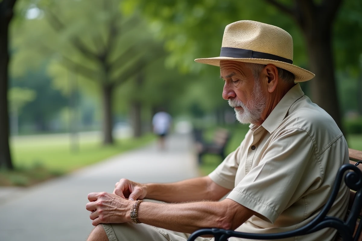 Homme âgé assis sur un banc dans un parc ombragé