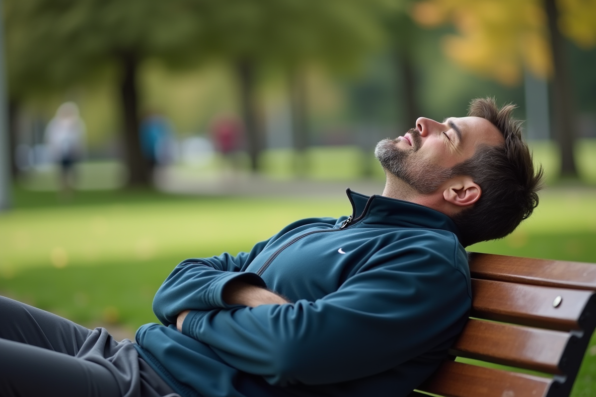 Homme détendu sur un banc dans un parc urbain