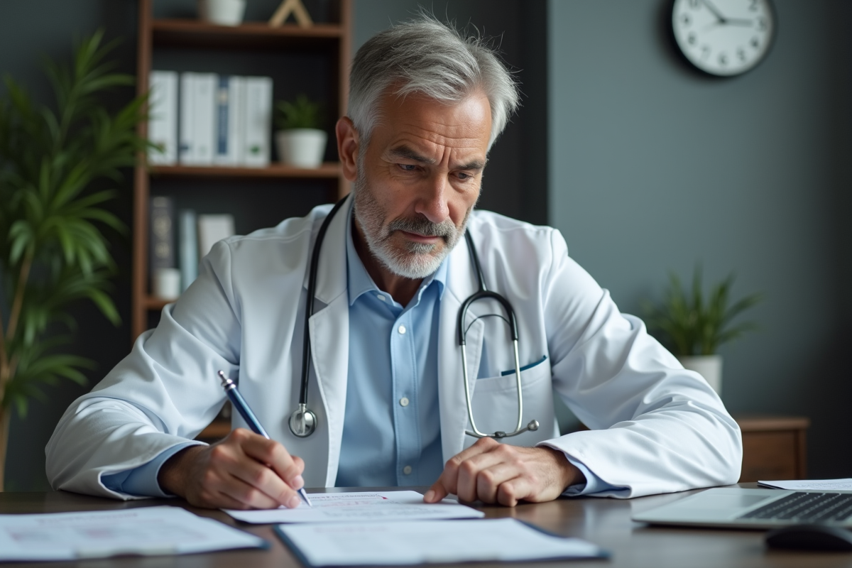 Homme en blouse blanche consulte dossiers patients