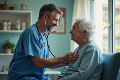Infirmier en blouse bleue écoute le coeur d'une femme âgée