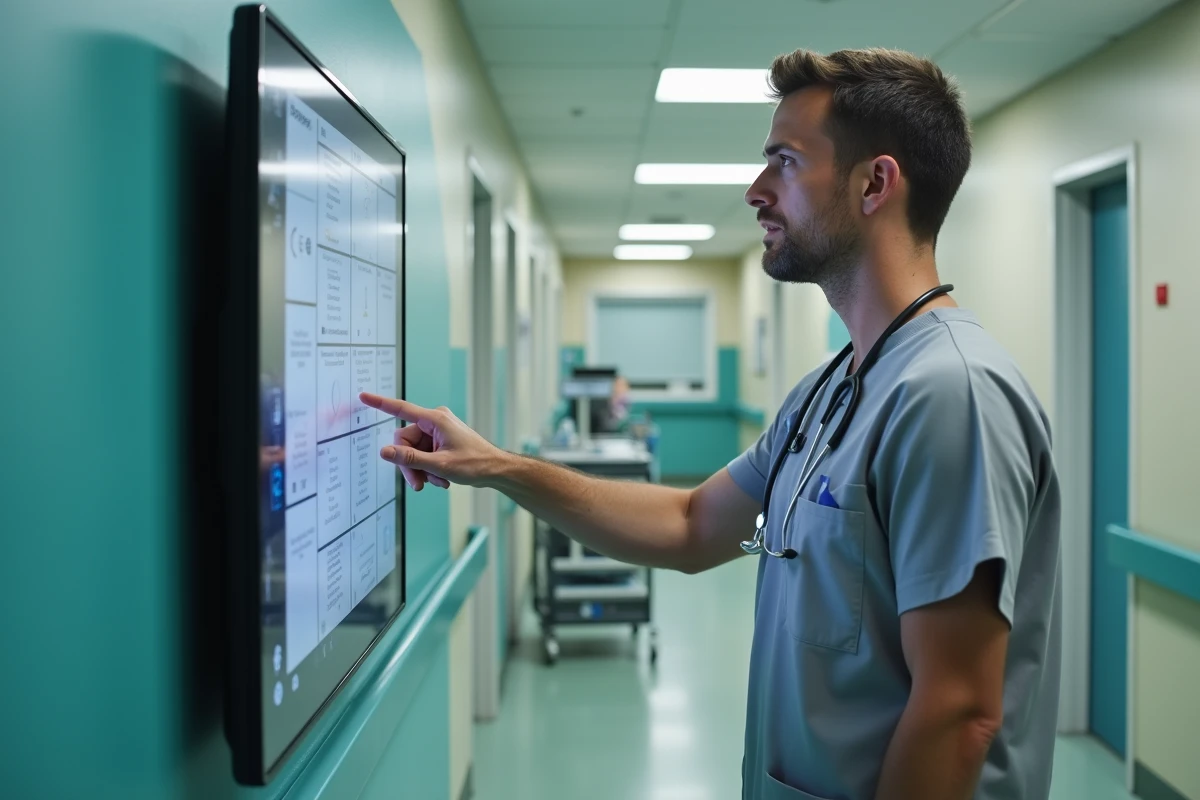 Infirmier paramétrant les options prioritaires d'un logiciel de soins sur une borne tactile dans le couloir d'un établissement de santé