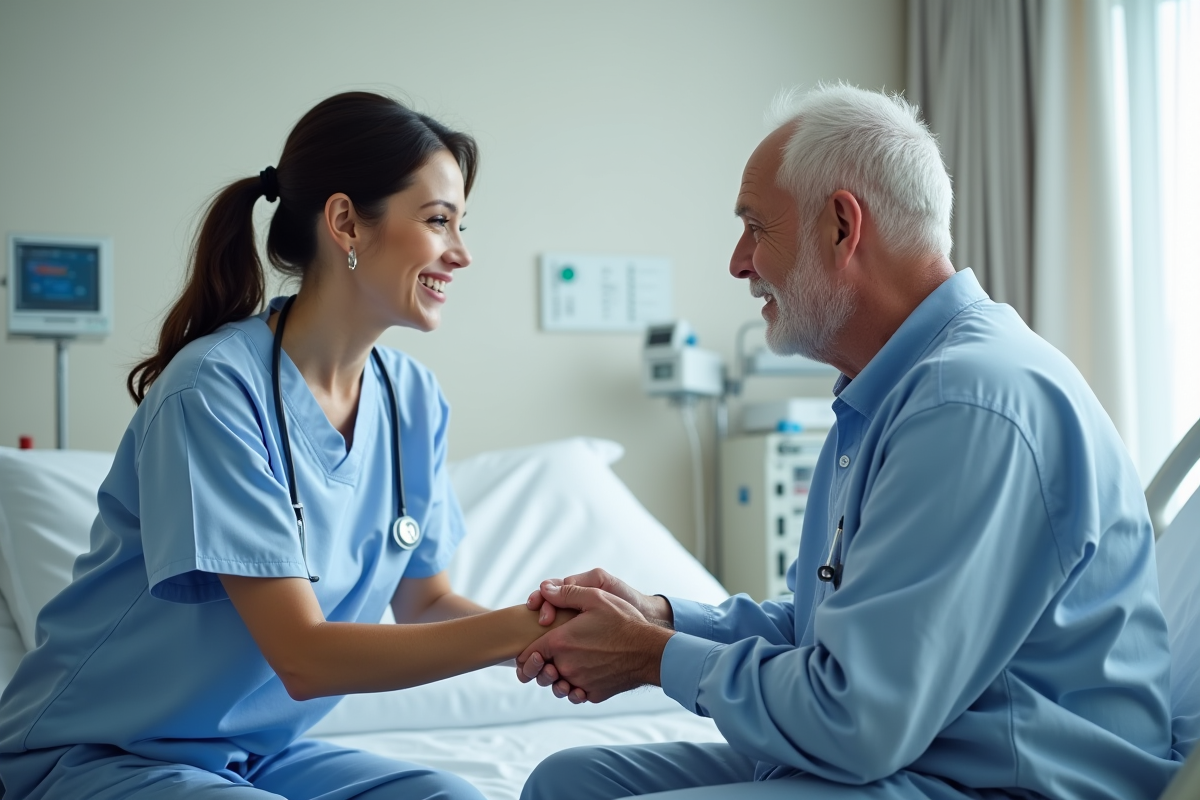 Infirmière en scrubs bleus tenant la main d'un patient âgé