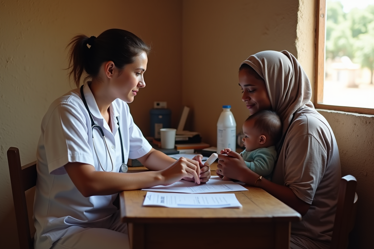 Jeune infirmière explique des médicaments à une mère avec un enfant