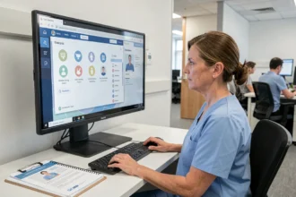 Infirmière utilisant un logiciel de soins NETSoins sur un écran tactile dans un bureau hospitalier