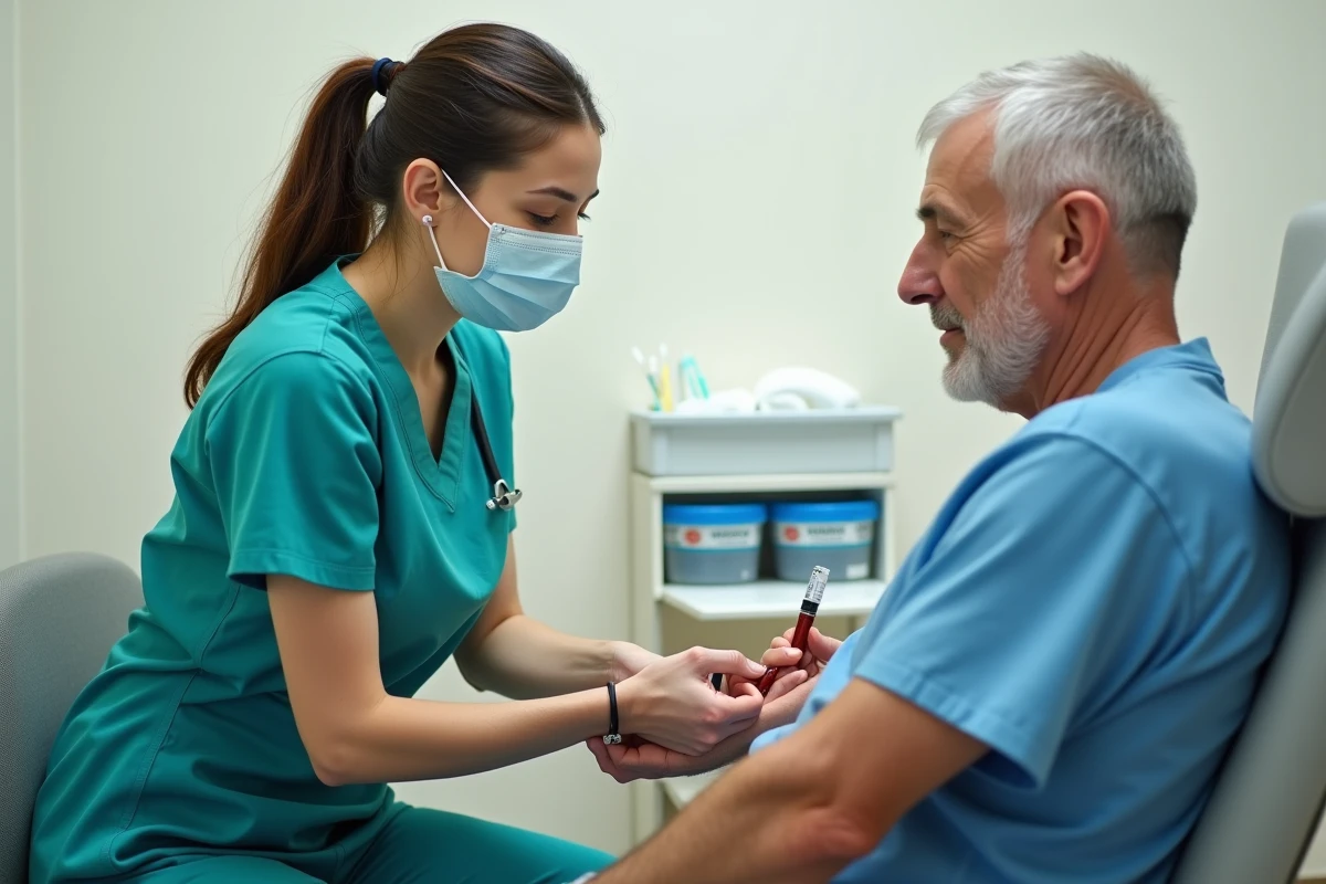 Infirmière réalisant une prise de sang sur un patient pour mesurer le taux TCMH des globules rouges