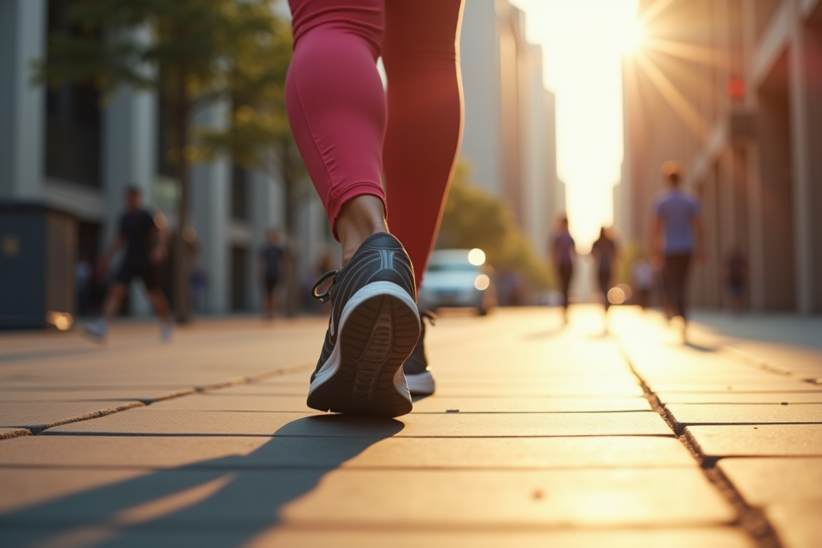 Jambes en vêtements de sport marchant en ville avec montre connectée