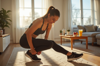 Jeune femme en train de lacer ses chaussures de course dans un salon lumineux