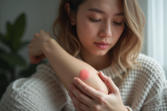 Jeune femme examine un patch rouge sur son bras à la maison