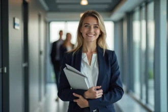 Jeune femme en blazer navy dans un hall moderne d'entreprise