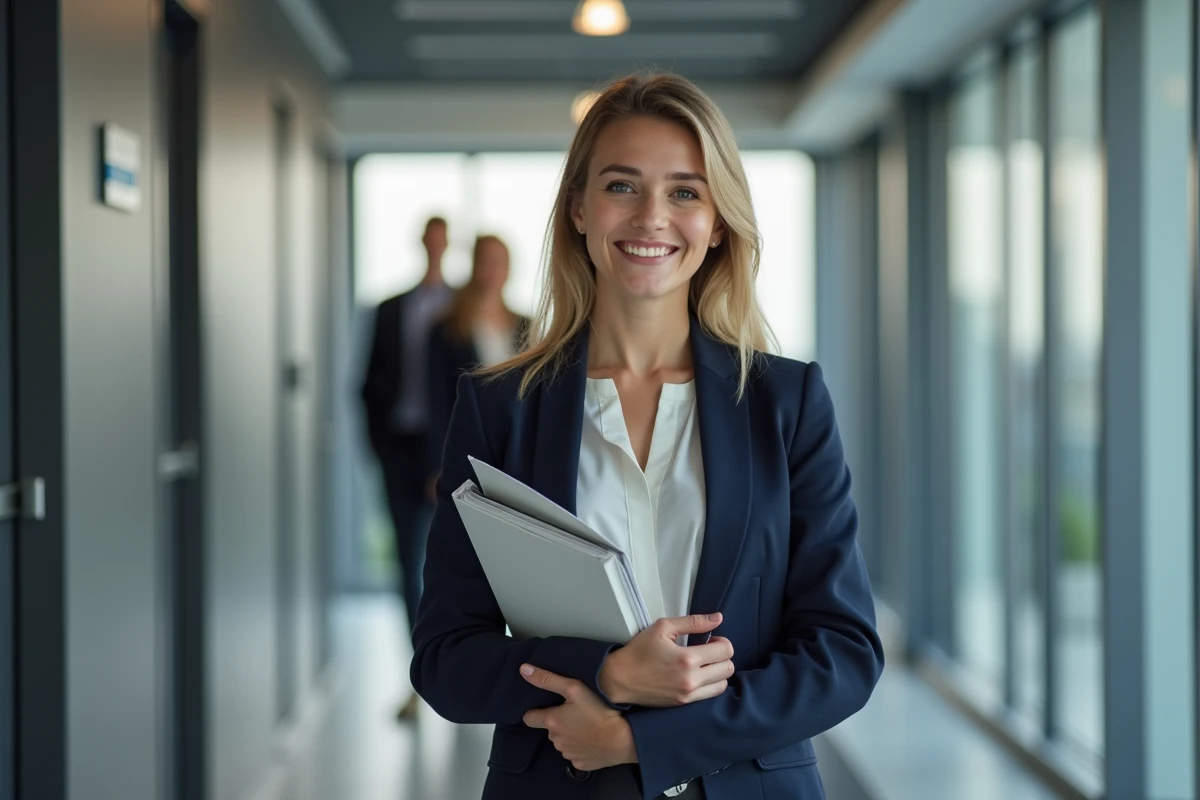 Jeune femme en blazer navy dans un hall moderne d'entreprise