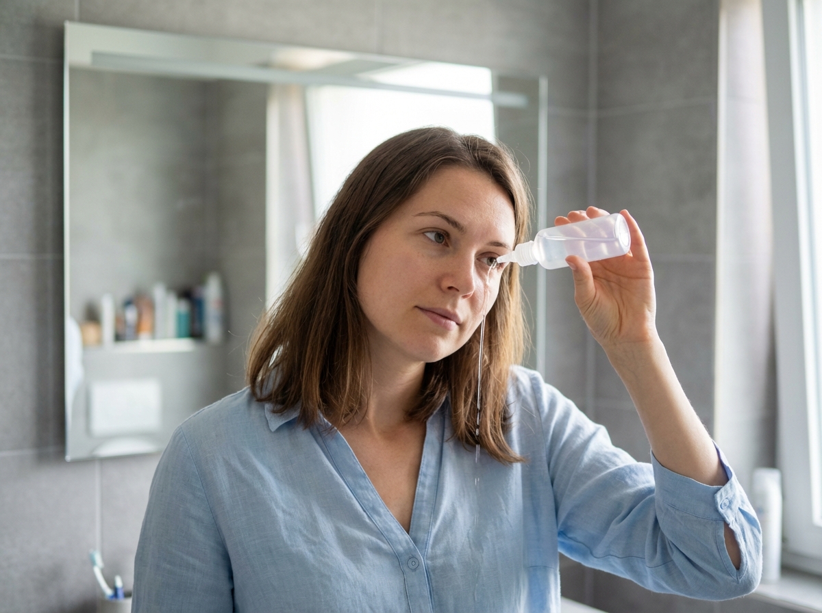 Jeune femme se rinçant les yeux dans une salle de bain moderne