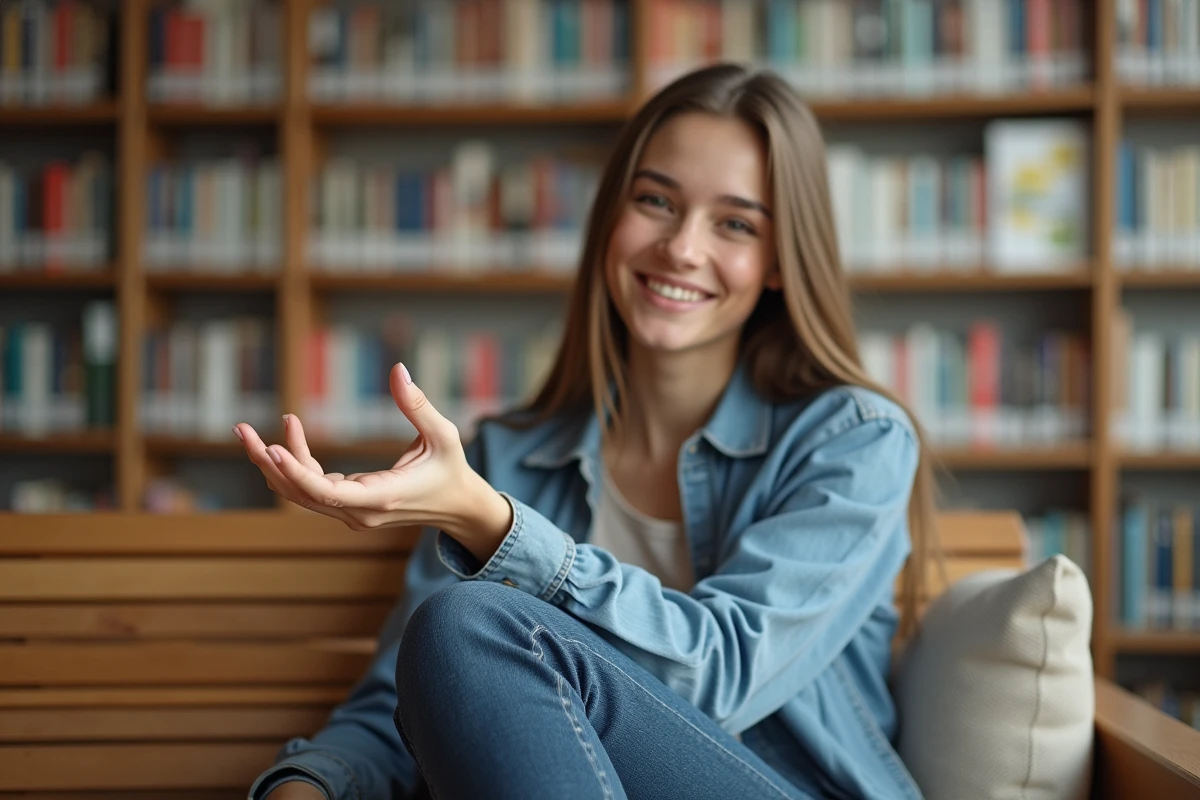 Jeune femme souriante dans une bibliothèque lumineuse