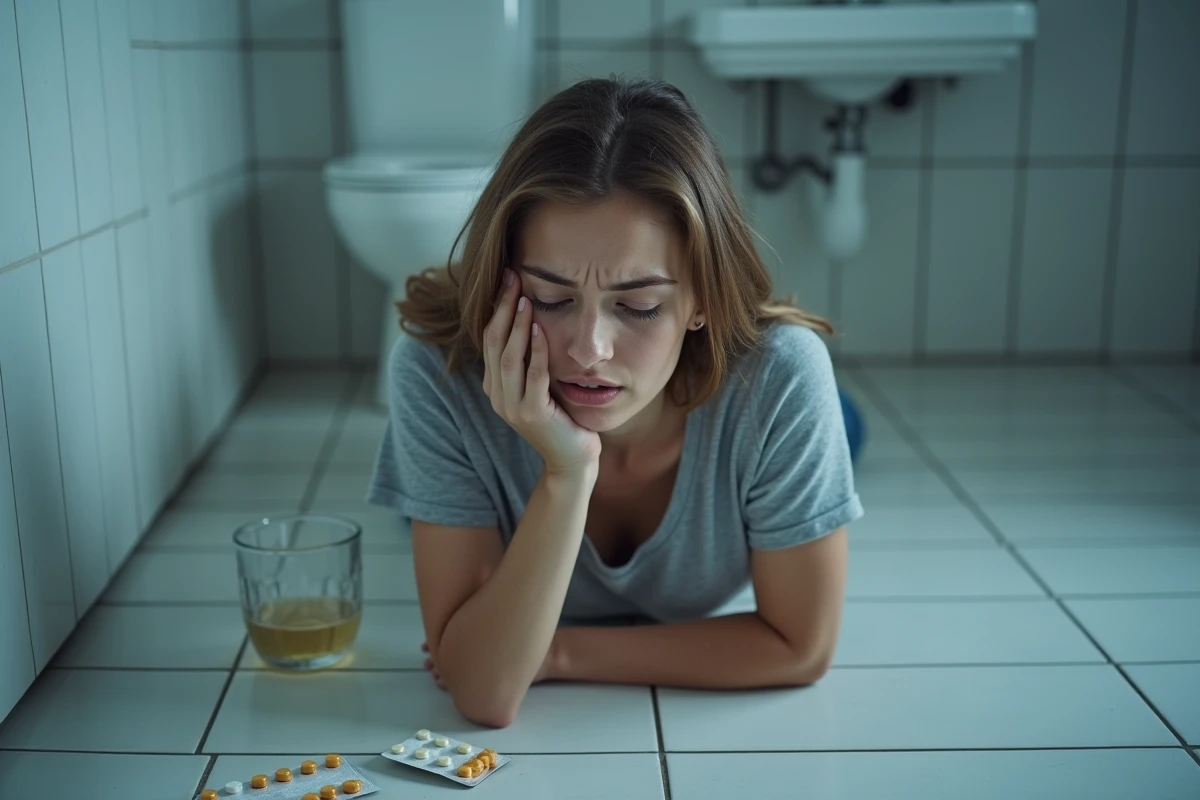 Jeune femme allongée sur le sol d'une salle de bain avec du paracétamol 1000 mg à proximité, représentant un malaise vagal après prise de médicament