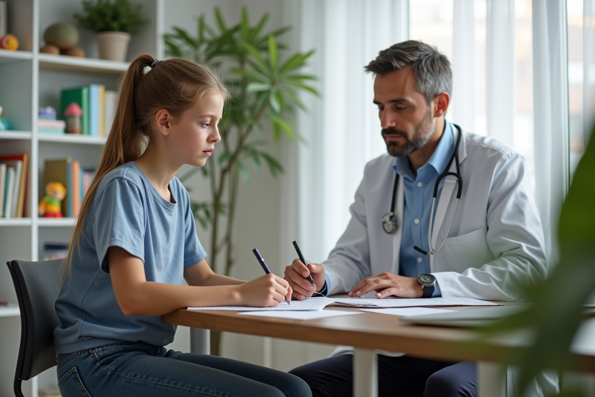 Adolescente concentrée lors d’un test cognitif avec un neuropédiatre