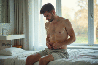 Jeune homme assis sur le lit dans une salle de bain lumineuse