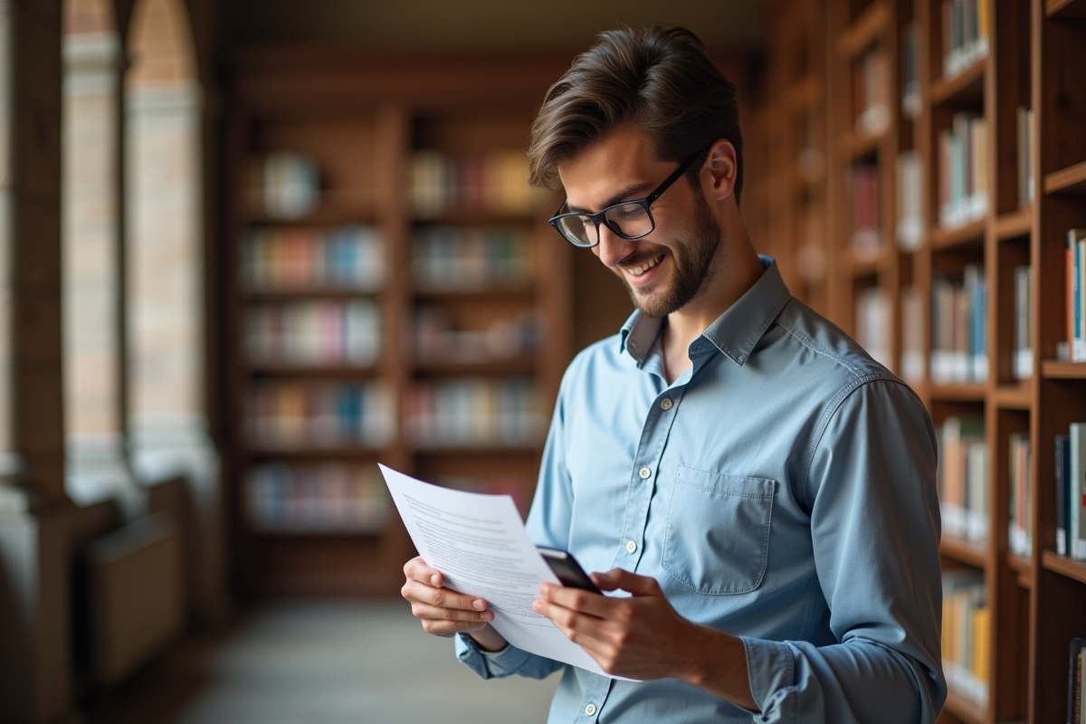 Jeune homme dans une bibliothèque vérifiant un document