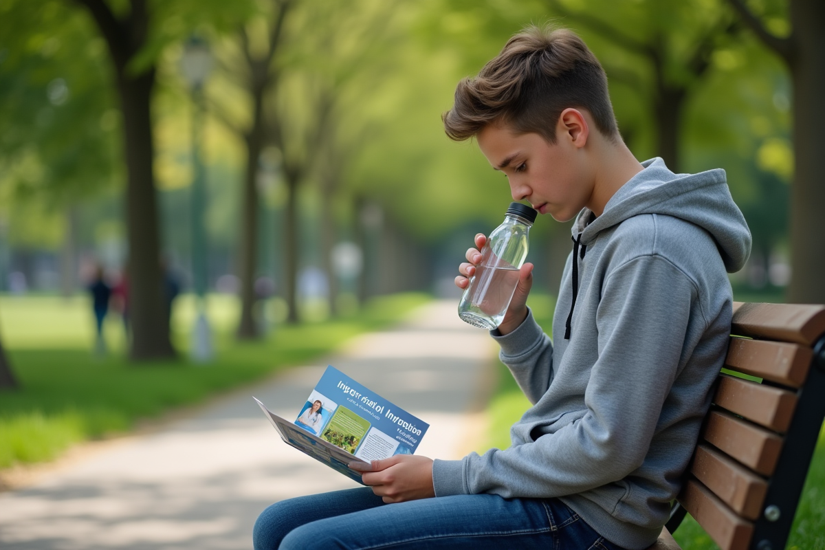 Adolescent buvant dans une bouteille en plein air avec brochure santé