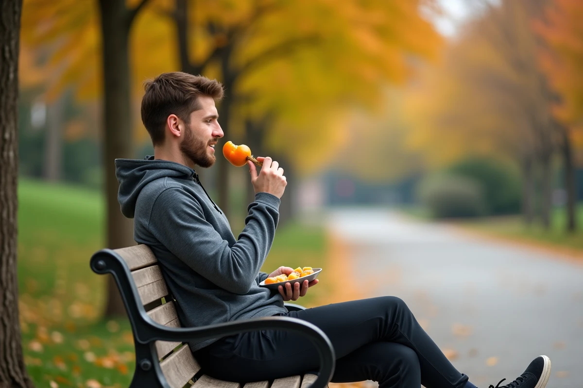 Jeune homme dans un parc mangeant une tranche de persimmon