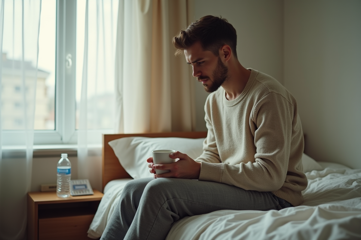 Jeune homme pensif tenant une tasse de thé dans sa chambre