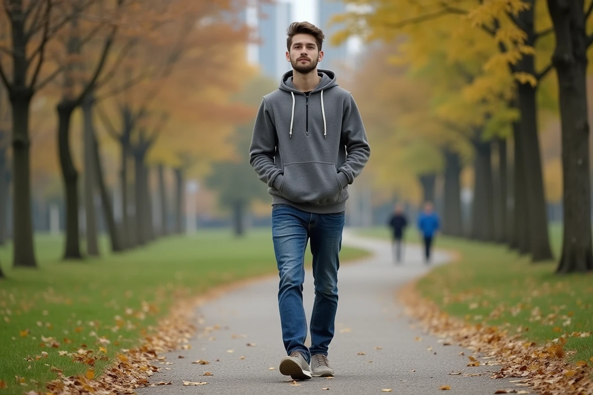 Jeune homme marchant dans un parc en automne