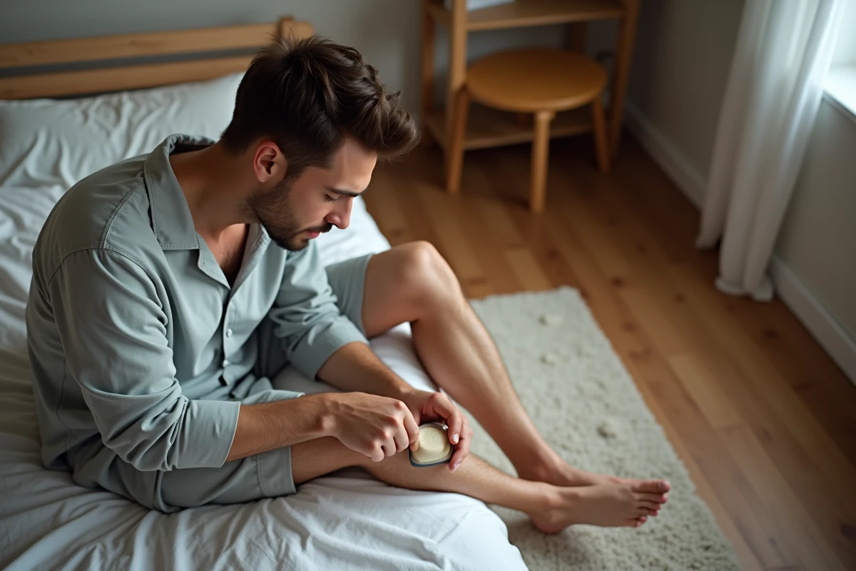 Jeune homme utilisant une lime pour ses pieds dans sa chambre