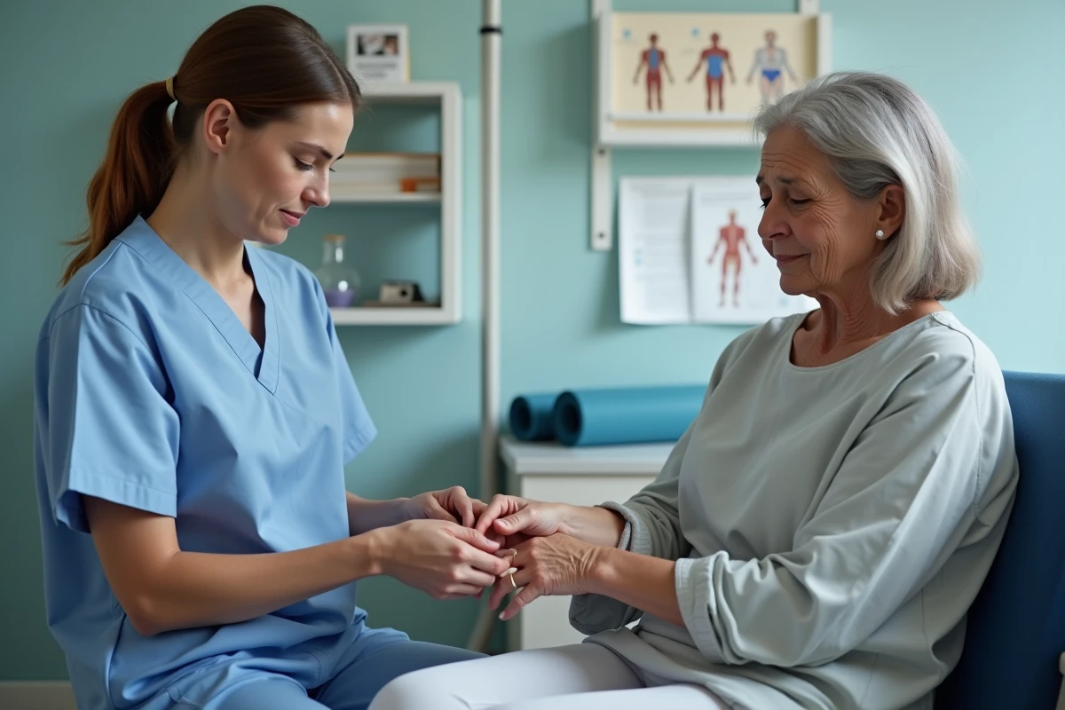 Kinésithérapeute examinant le poignet d'une patiente atteinte d'algodystrophie dans un centre de rééducation, dans le cadre d'une évaluation du taux d'invalidité