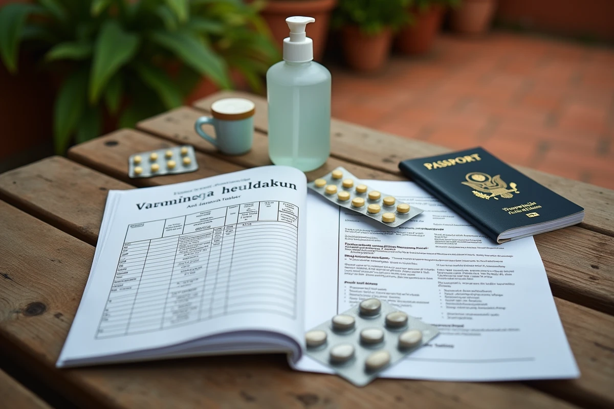 Kit de santé pour voyageur incluant carnet de vaccination, médicaments antipaludéens et documents pour un voyage en Tanzanie