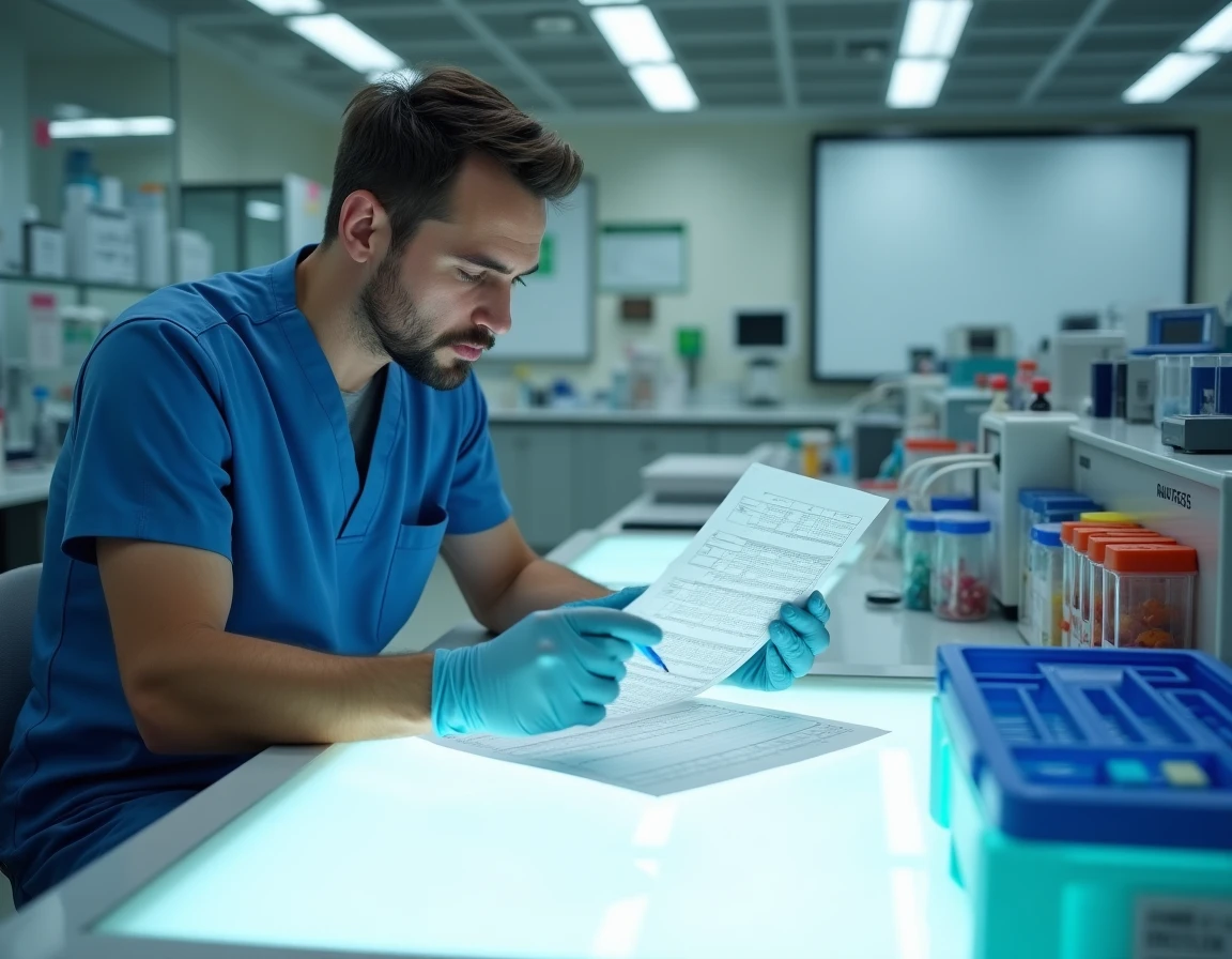 Technicien de laboratoire analysant un rapport de sérologie avec résultats IgG anti-VCA et anti-EBNA positifs