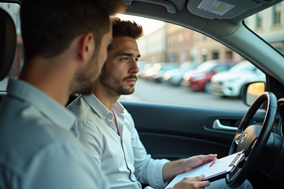 Étudiant en permis de conduire écoutant les conseils d'un moniteur auto-école dans un véhicule d'apprentissage en ville