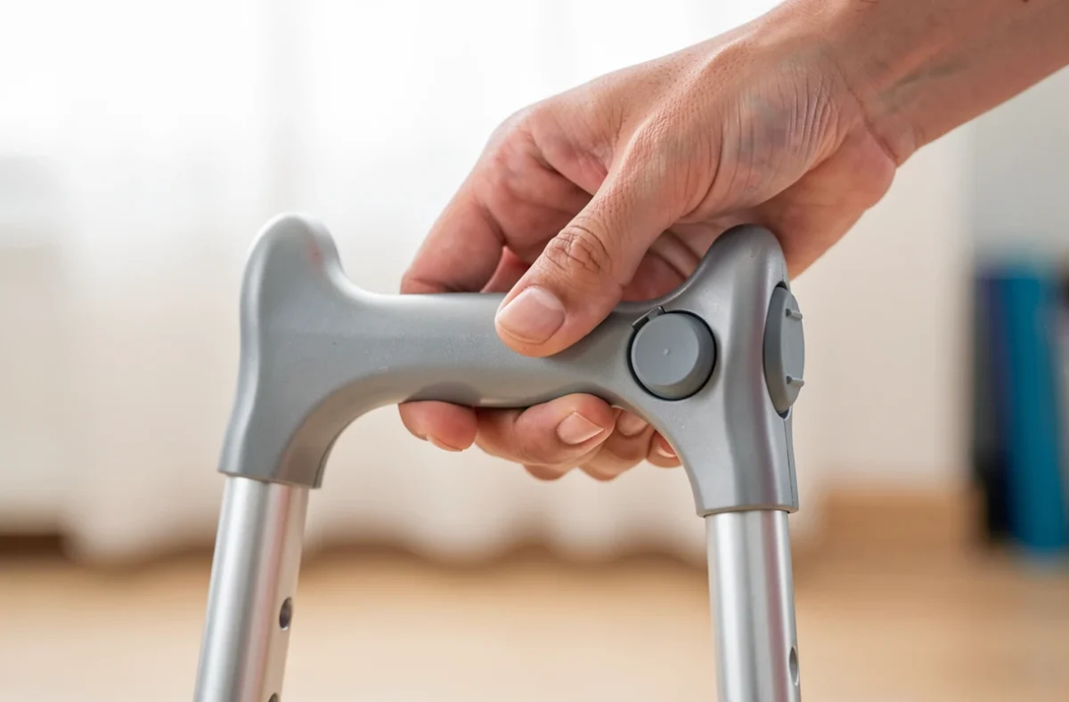 Main réglant la hauteur de la poignée d'une béquille en aluminium