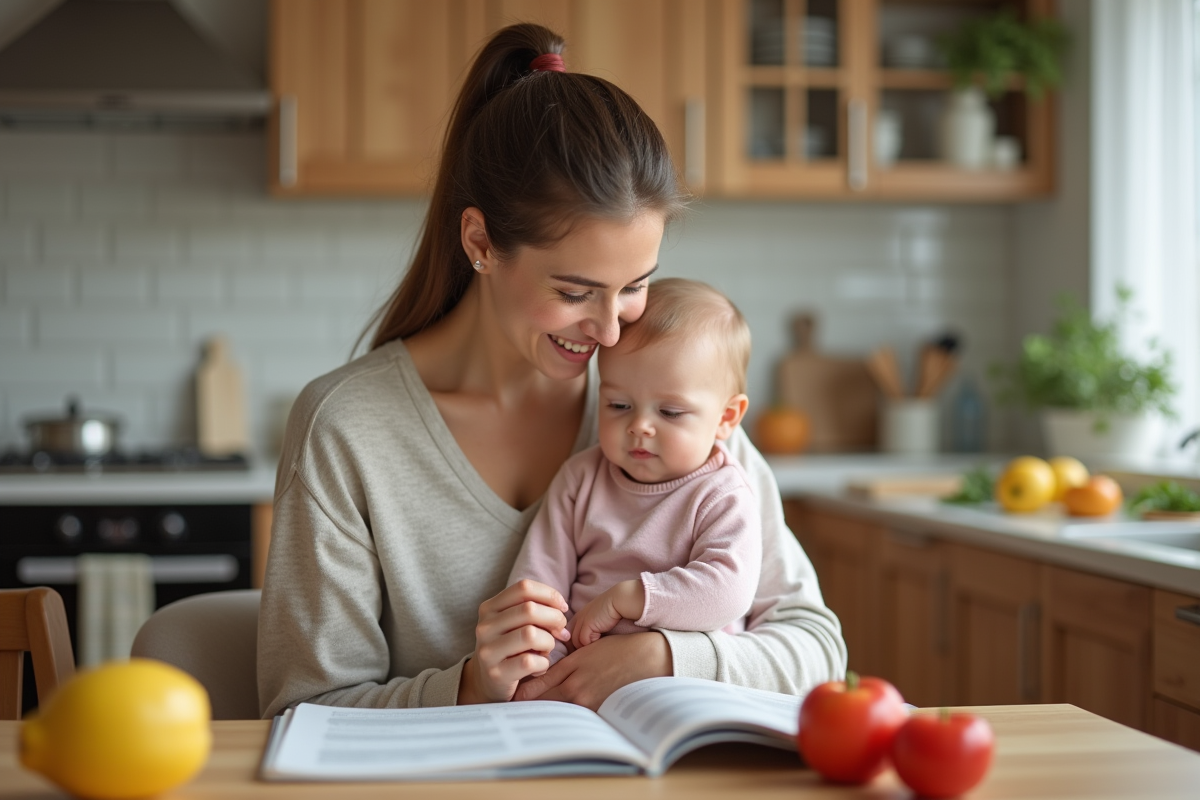 Maman souriante tenant son bébé dans une cuisine lumineuse
