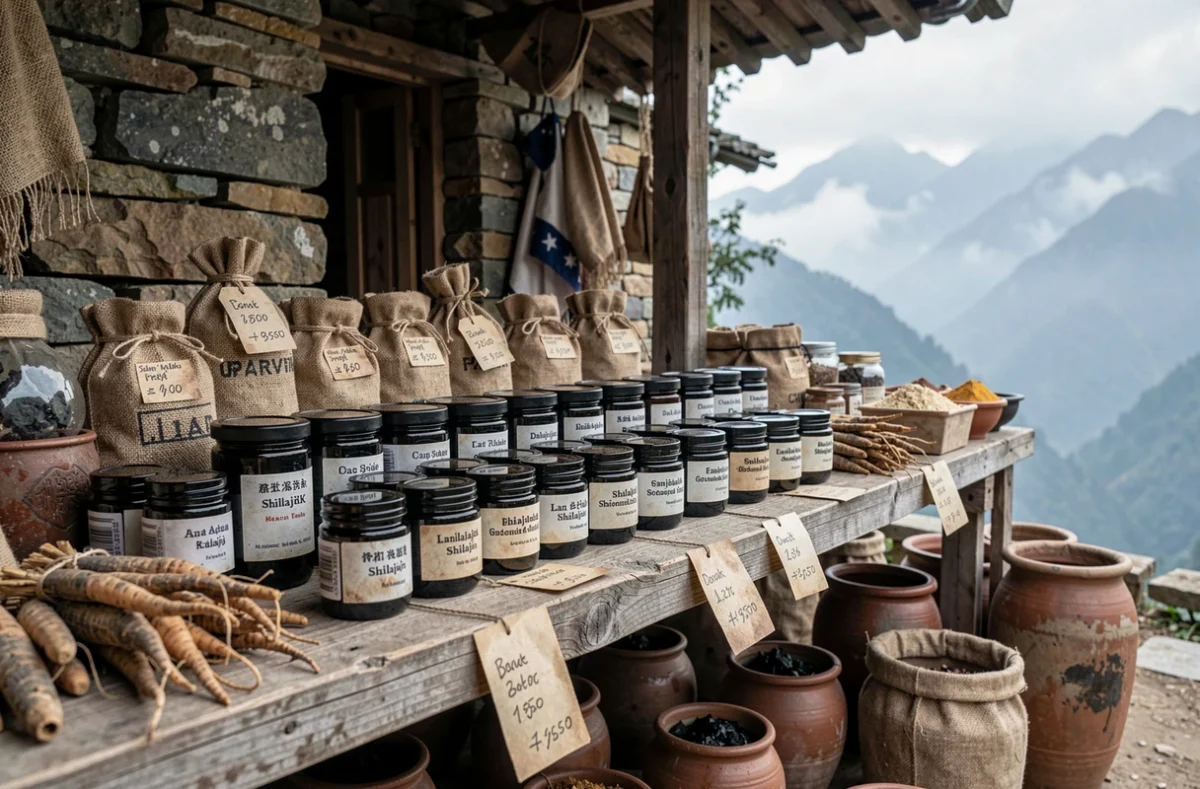 Étal de marché de montagne himalayenne avec des pots de shilajit pur alignés sur une étagère en bois rustique
