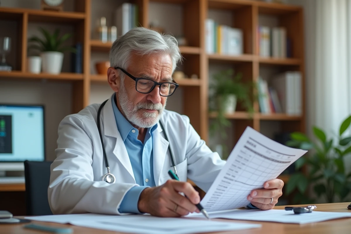 Médecin généraliste analysant les résultats d'une prise de sang avec taux TCMH élevé