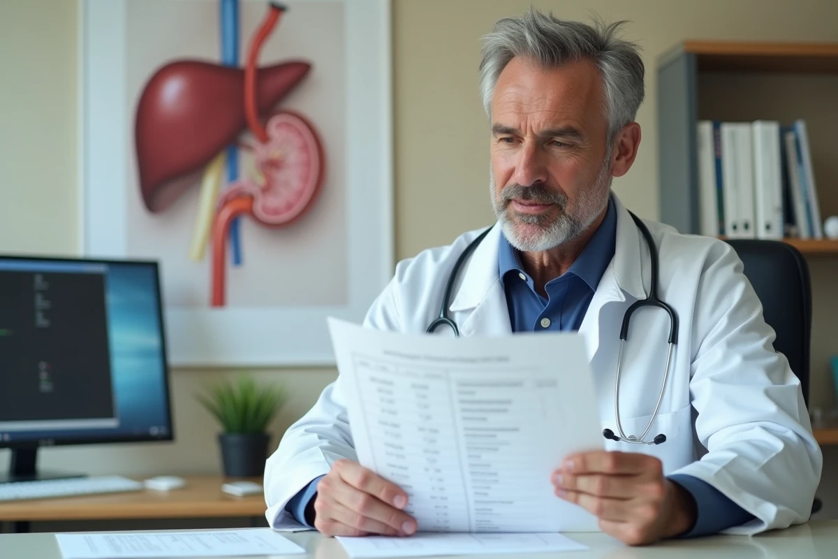 Médecin examinant des résultats d'analyses sanguines montrant des transaminases SGPT élevées lors d'une consultation hépatique