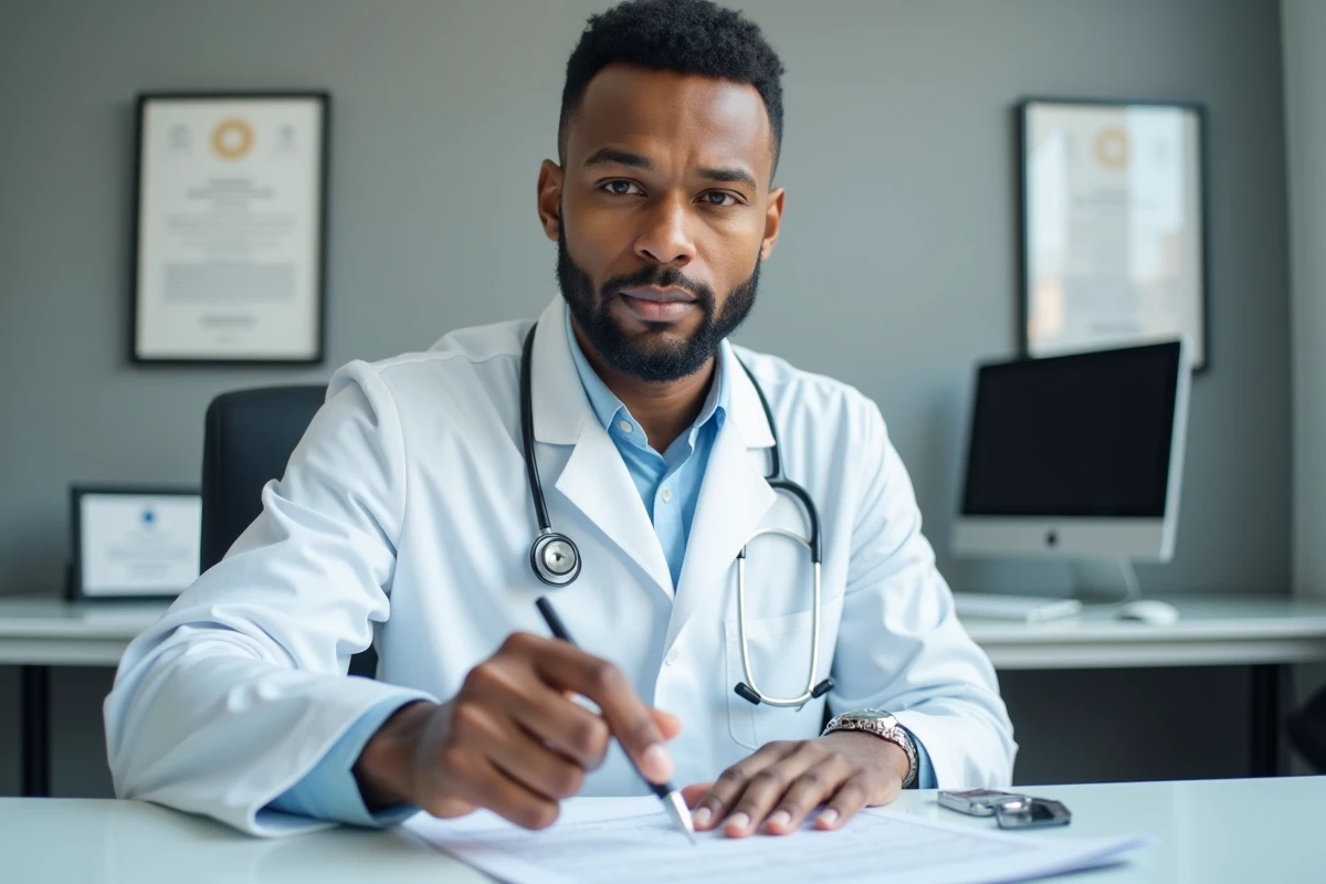 Médecin en cabinet analysant un bilan lipidique et expliquant les résultats de cholestérol à un patient, en lien avec les compléments naturels comme le Guggul Plus