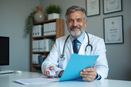 Médecin en blouse blanche avec document officiel et carte santé