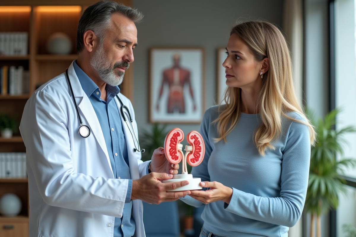 Docteur en blanc explique un modèle de rein à une patiente