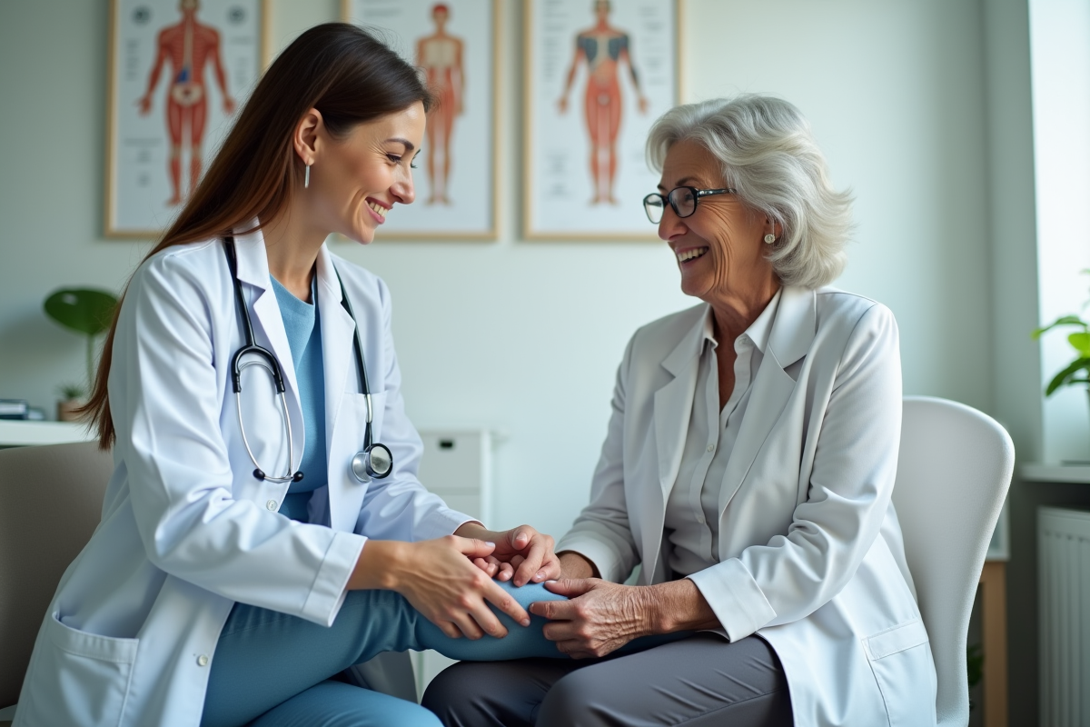 Médecin femme examinant une senior dans un cabinet moderne