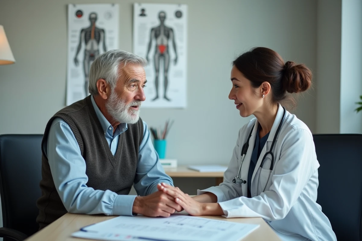 Médecin et patient discutant de résultats de santé en clinique