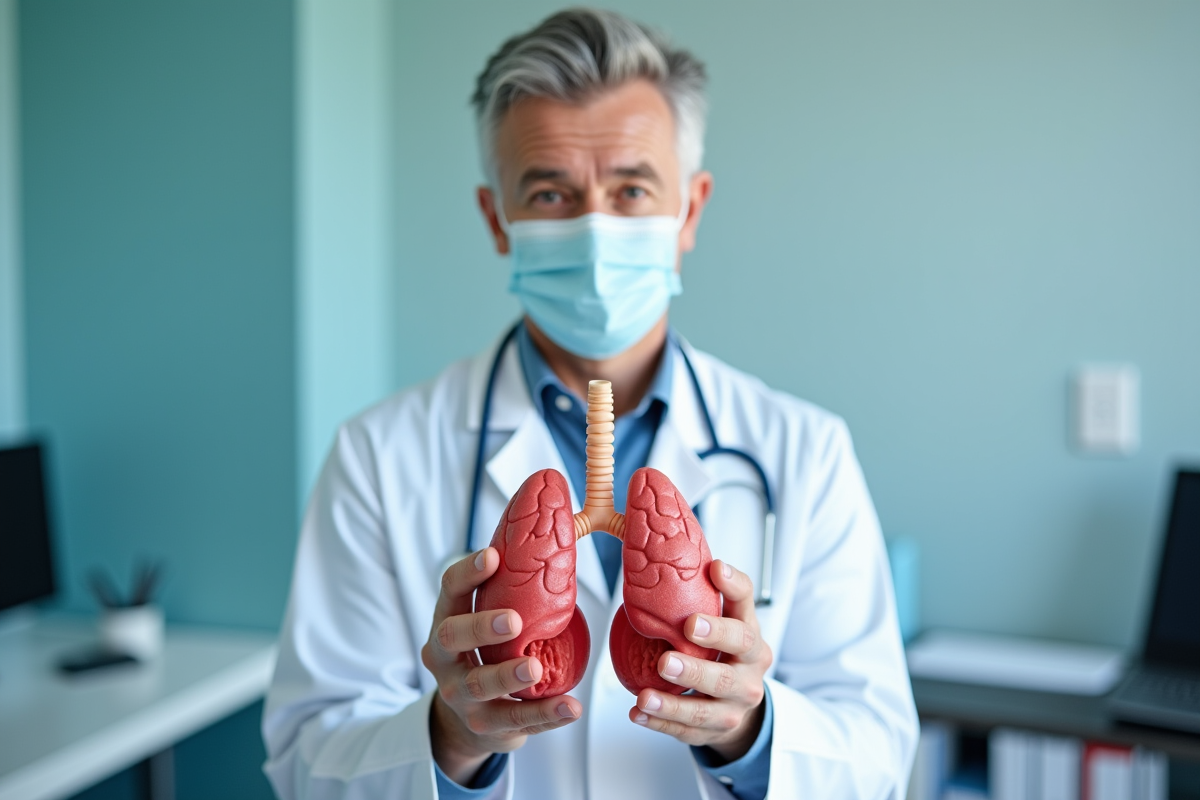 Medecin tenant un modele de poumons en consultation