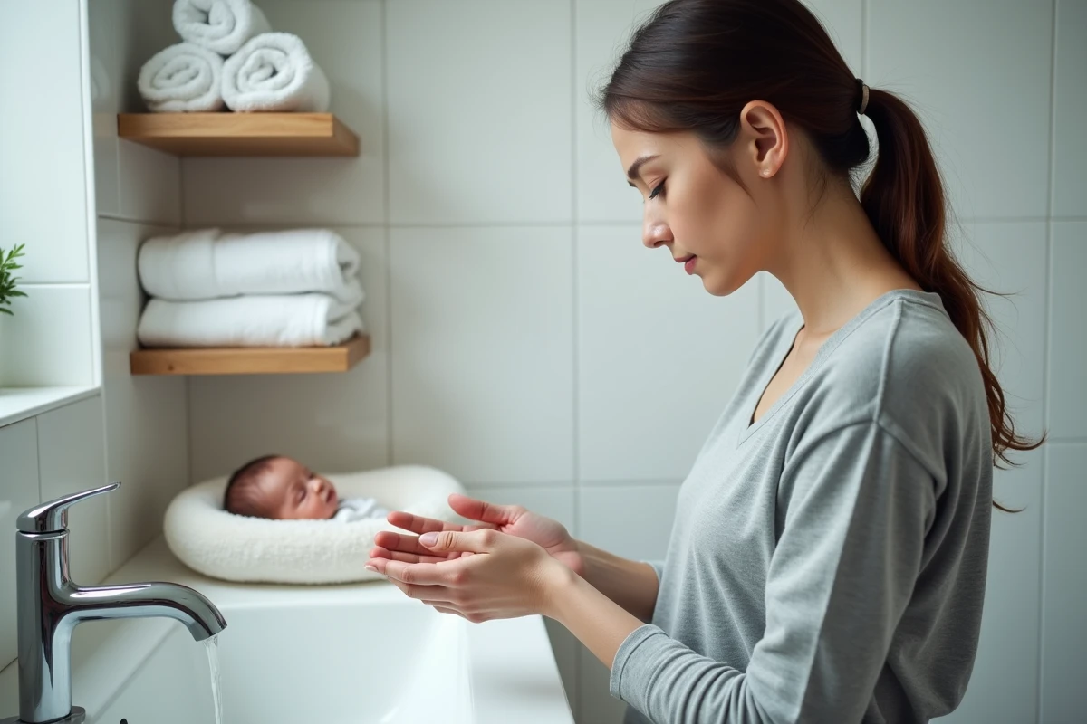 Jeune mère se lavant soigneusement les mains pour protéger son nouveau-né de la scarlatine