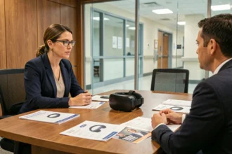 Responsable des achats hospitaliers négociant le prix d'un casque de réalité virtuelle thérapeutique avec un fournisseur en salle de réunion clinique