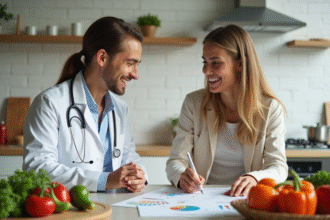 Nutritionniste souriante avec une jeune femme dans une cuisine moderne