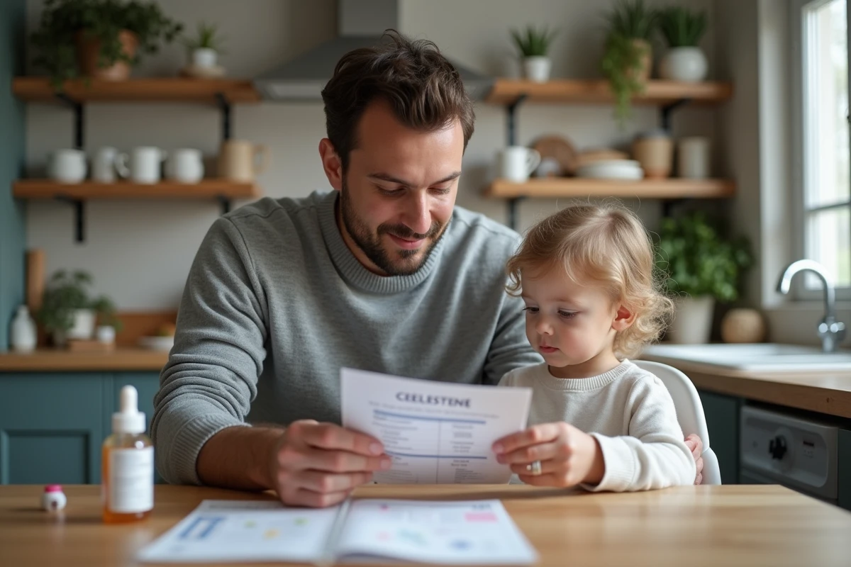 Pere et enfant regardant un dosage CELESTENE dans la cuisine