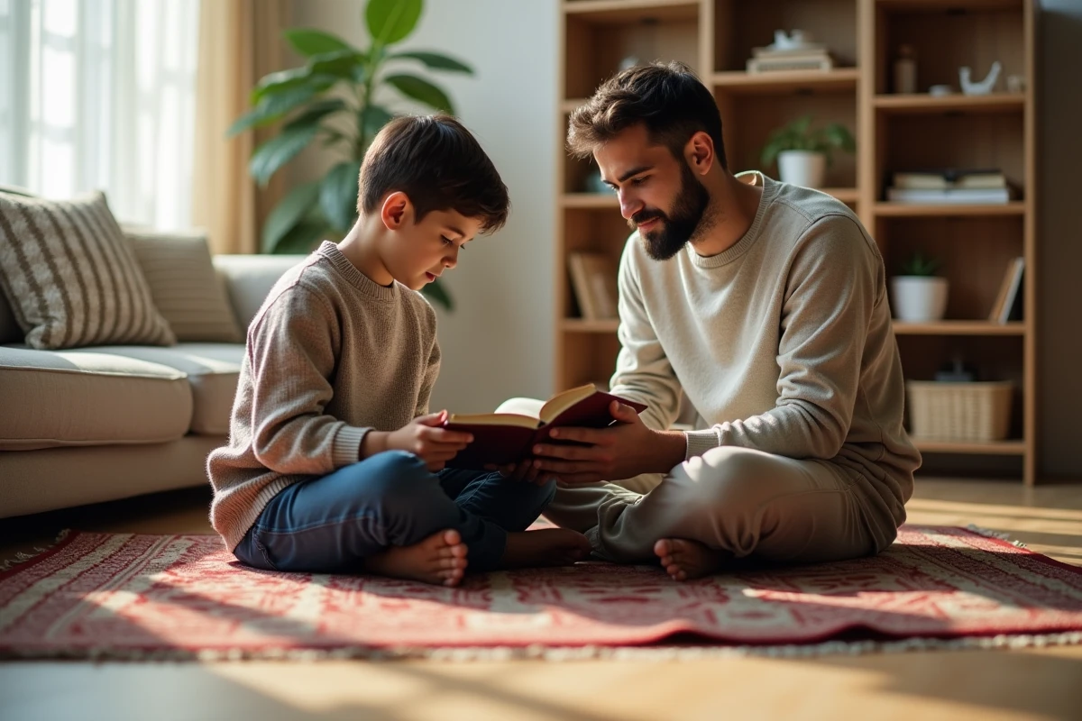 Père musulman et son enfant récitant le Quran à la maison