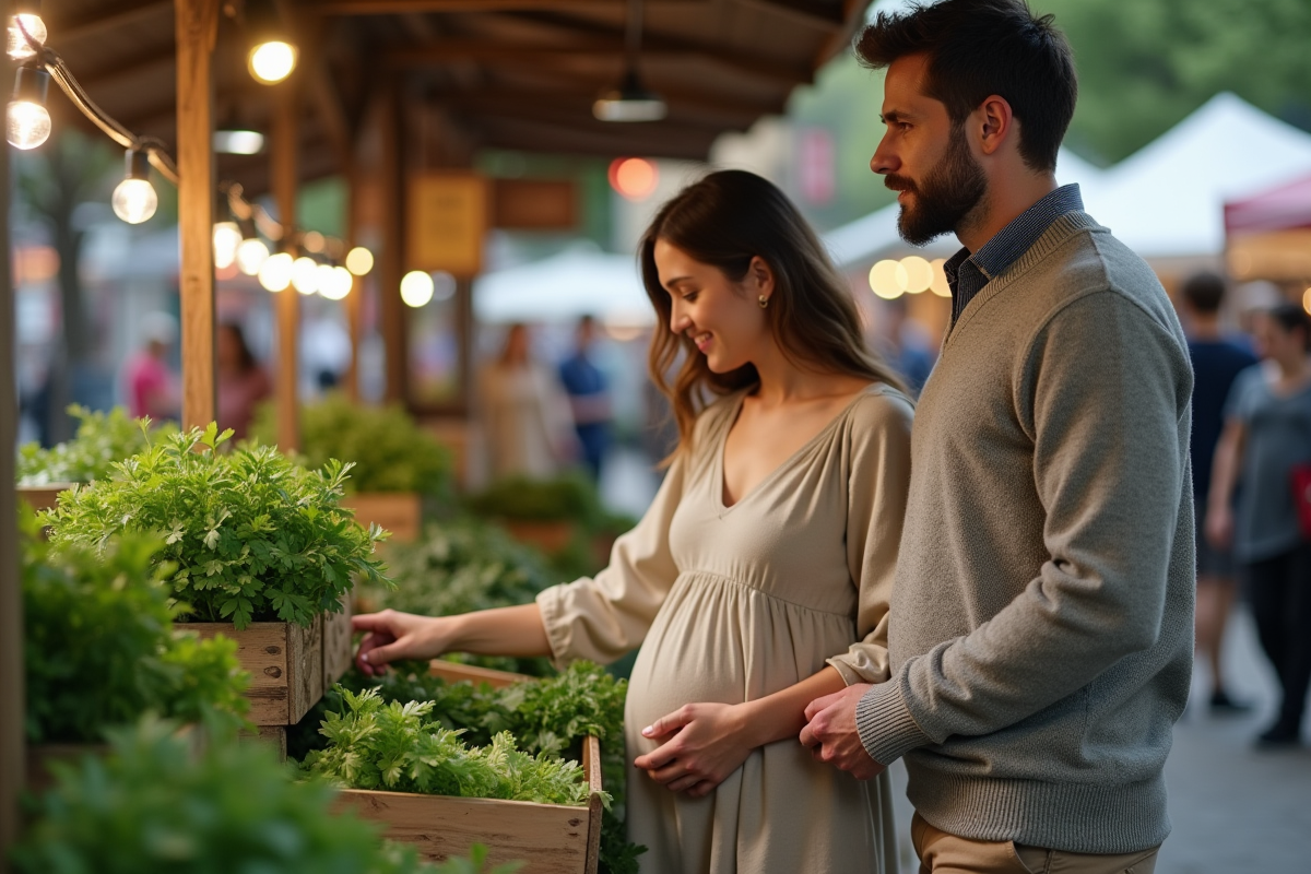 Père et mère enceinte achetant de la coriandre au marché
