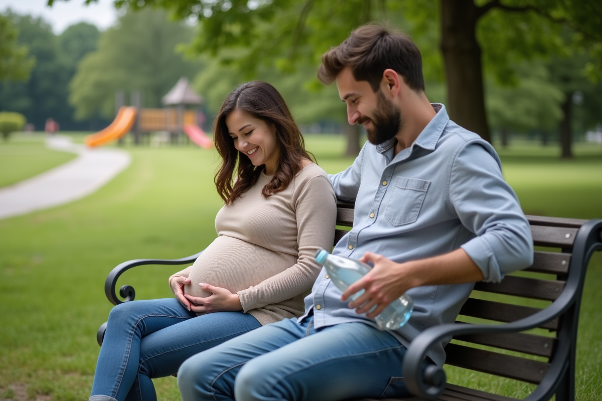 Jeune père aidant sa partenaire enceinte au parc