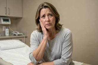 Femme ressentant une paresthésie du visage lors d'une consultation médicale, touchant sa joue avec une expression préoccupée